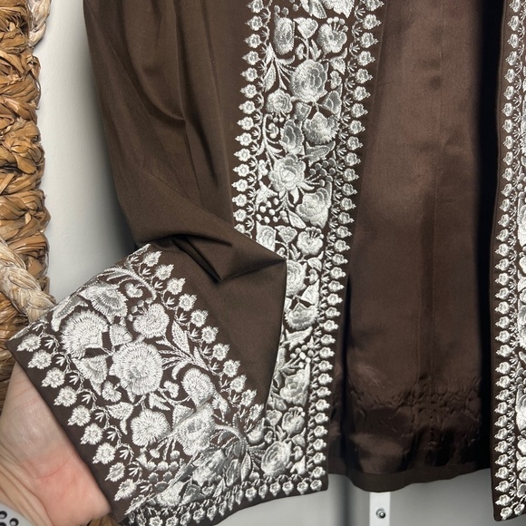 Linda Allard Ellen Tracy Brown/White Floral Embroidered Open Front Boho Jacket - Picture 5 of 7